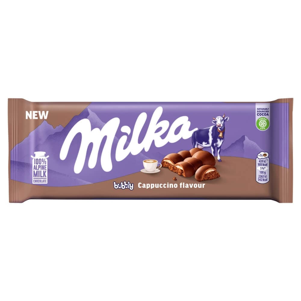 MILKA BUBBLY Czekolada mleczna z nadzieniem mlecznym o smaku cappuccino 97 g