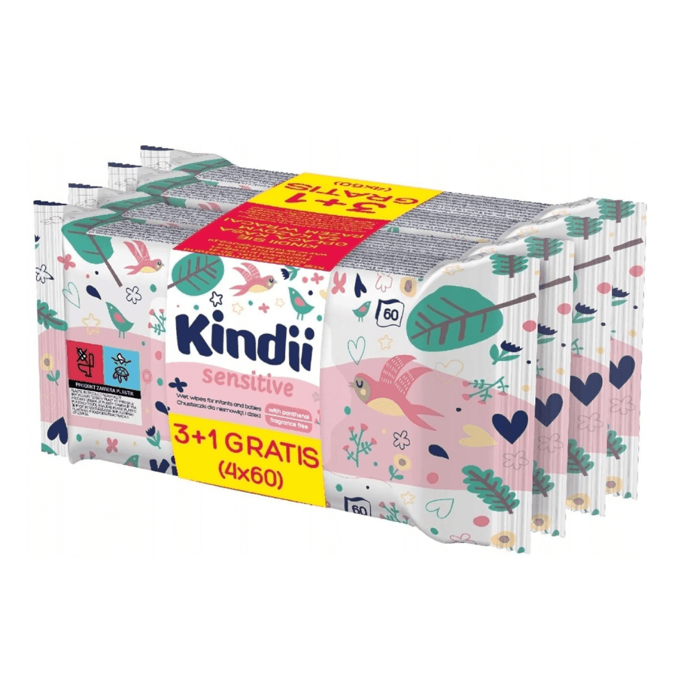 KINDII SENSITIVE Chusteczki dla dzieci 3+1 GRATIS 4x60 szt.
