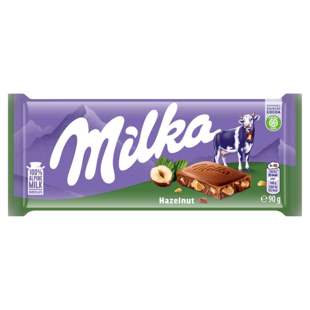 MILKA Czekolada mleczna z mleka alpejskiego z kawałkami orzechów laskowych 90 g