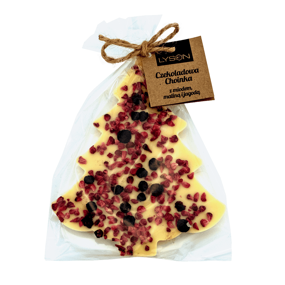 ŁYSOŃ Czekolada biała z miodem malinami i jagodami w kształcie choinki 85 g