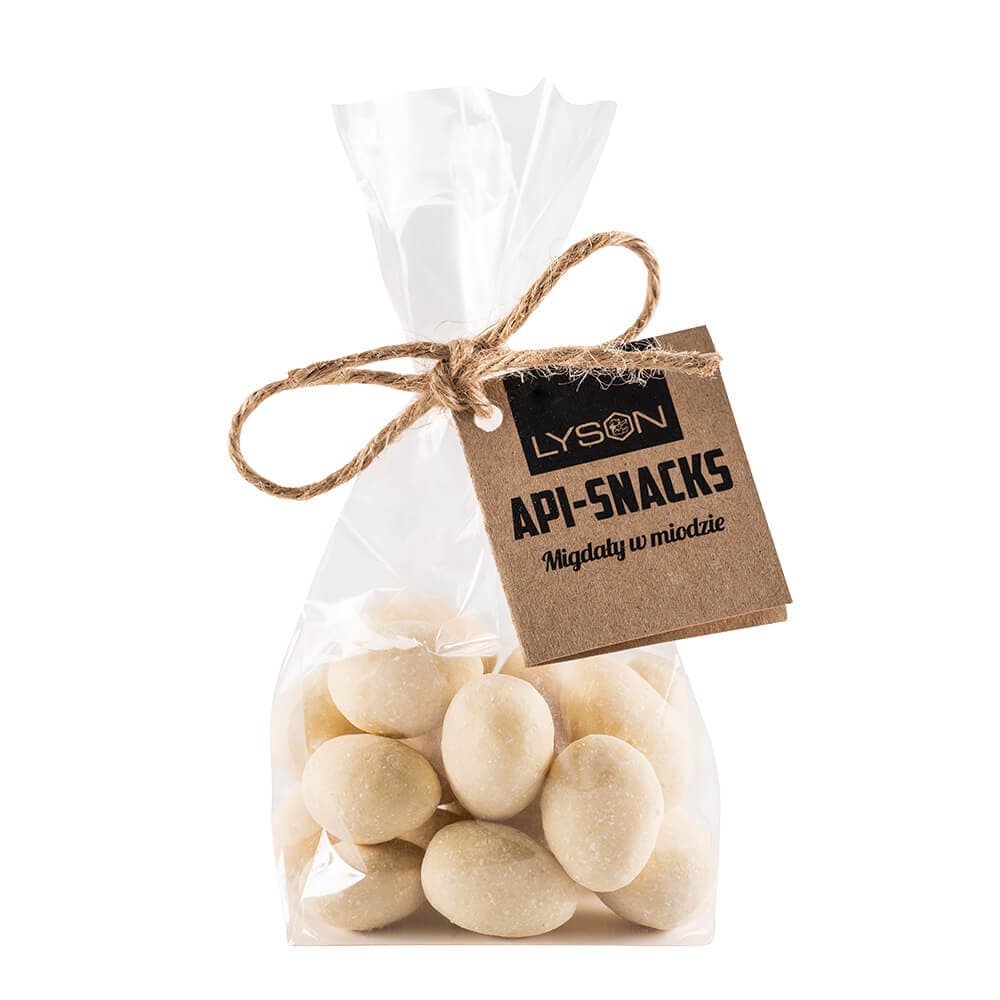 ŁYSOŃ API SNACKS Migdały w białej czekoladzie o smaku kokosowym 100 g