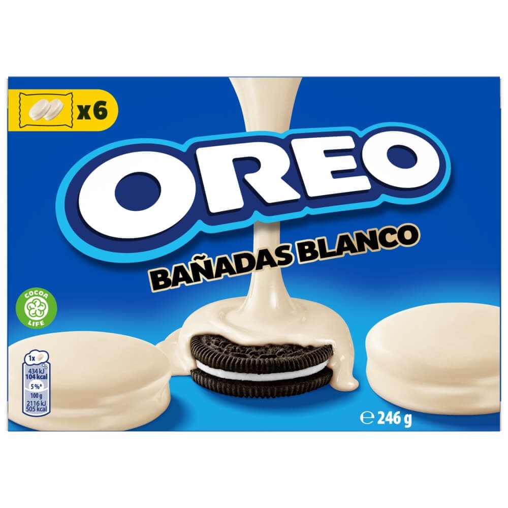 OREO BANADAS BLANCO Ciastka kakaowe z nadzieniem o smaku waniliowym oblane białą polewą 12 szt. 246 g
