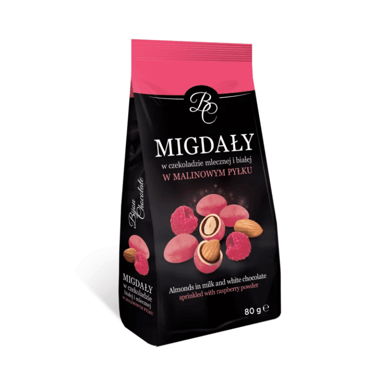 BC Migdały w czekoladzie mlecznej i białej w malinowym pyłku 80 g