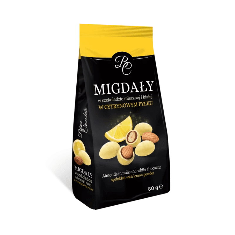 BC Migdały w czekoladzie mlecznej i białej w cytrynowym pyłku 80 g