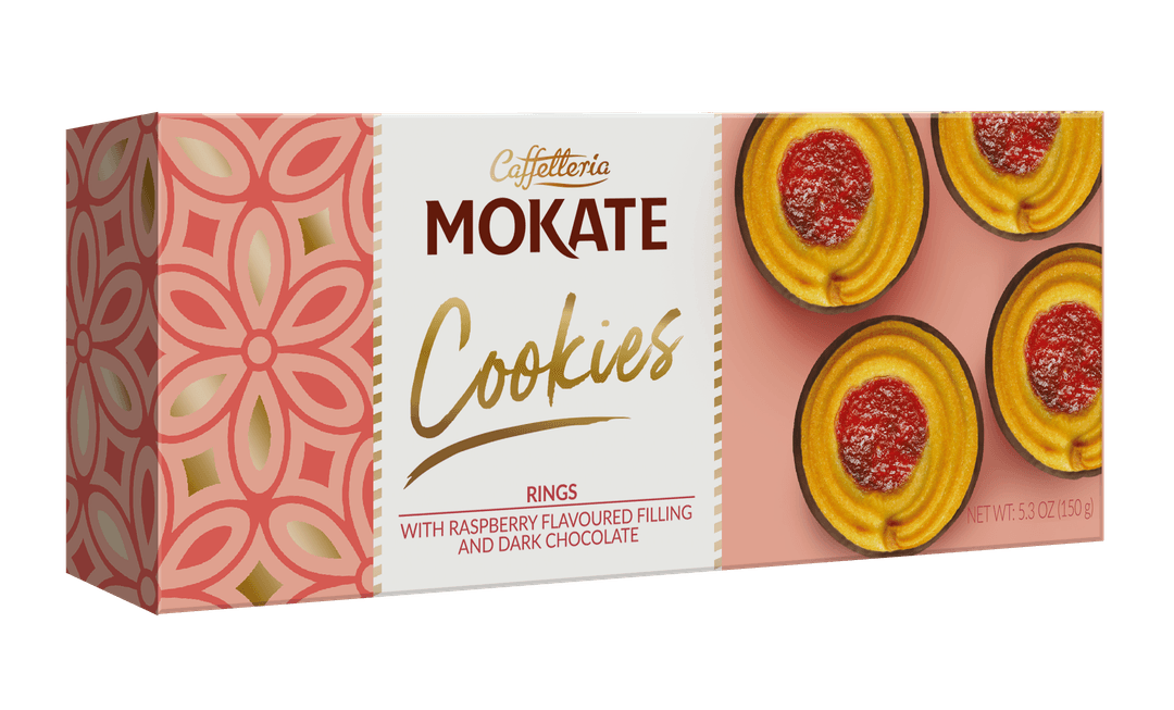 MOKATE COOKIES Ciastka Ringi z nadzieniem malinowym i czekoladowym 150 g