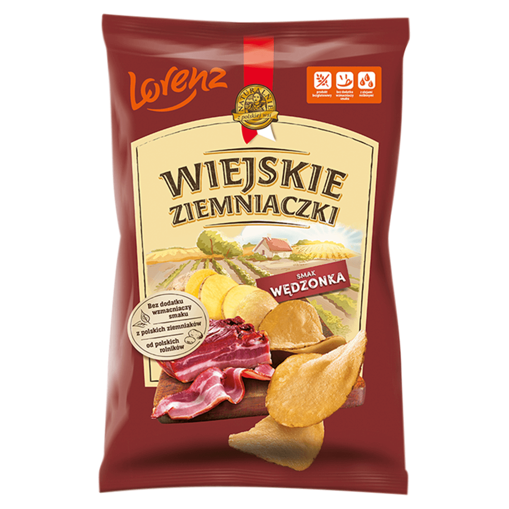 WIEJSKIE ZIEMNIACZKI Chipsy ziemniaczane o smaku wędzonkI 130 g