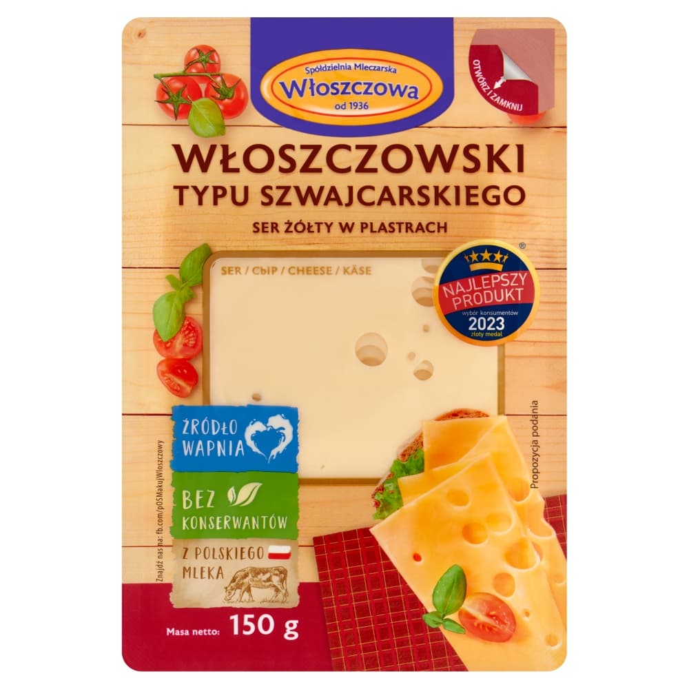 WŁOSZCZOWA Ser żółty Włoszczowski typu szwajcarskiego w plastrach 150 g