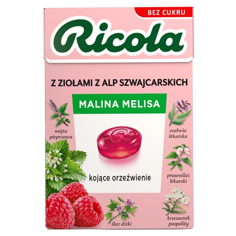 RICOLA Cukierki ziołowe Malina Melisa bez cukru 27,5 g