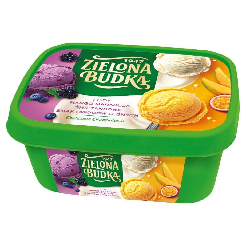 ZIELONA BUDKA Lody śmietankowe o smaku mango-marakui i owoców leśnych w pudełku 1000 ml