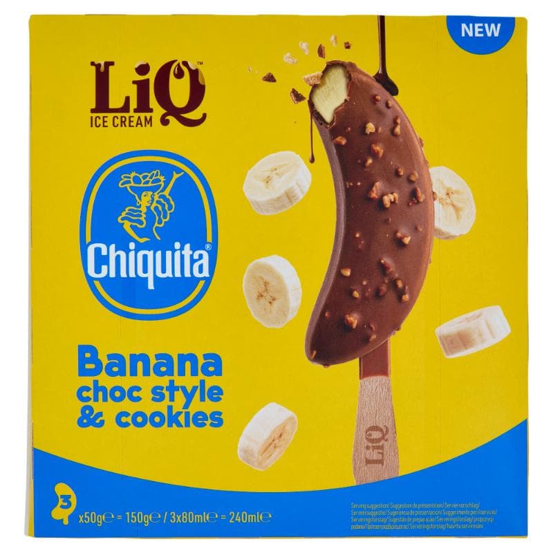 CHIQUITA Lody bananowe w polewie czekoladowe z ciasteczkami na patyku (3x50 g) 240 ml