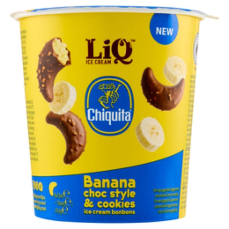 CHIQUITA Lodowe praliny bananowe w polewie czekoladowe z ciasteczkami w kubeczku 104 ml