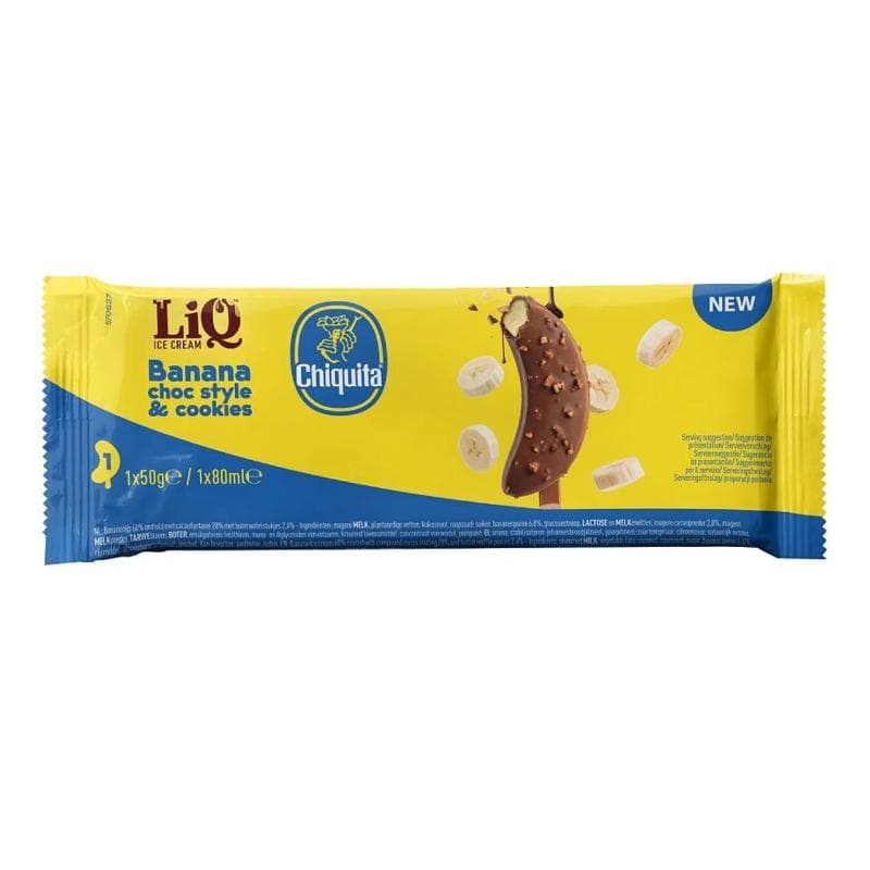 CHIQUITA Lody bananowe w polewie czekoladowe z ciasteczkami na patyku 80 ml