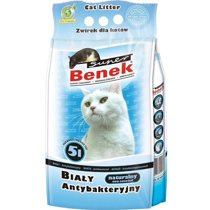 BENEK Żwirek bentonitowy antybakteryjny biały dla kotów 5000 ml