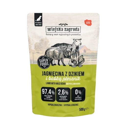 WIEJSKA ZAGRODA Karma mokra hipoalergiczna dla psów z jagnięciną i dzikiem 500 g