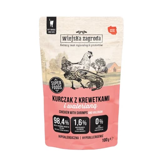 WIEJSKA ZAGRODA Karma mokra hipoalergiczna dla kotów z kurczakiem, krewetkami i walerianą 100 g
