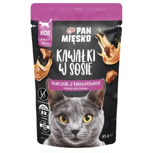 PAN MIĘSKO Karma mokra hipoalergiczna dla kotów z kurczakiem i krewetkami 85 g