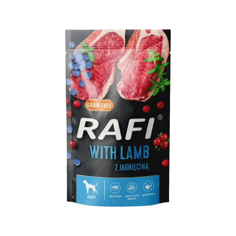 RAFI Karma mokra bezglutenowa dla psów z jagnięciem, borówką i żurawiną 500 g