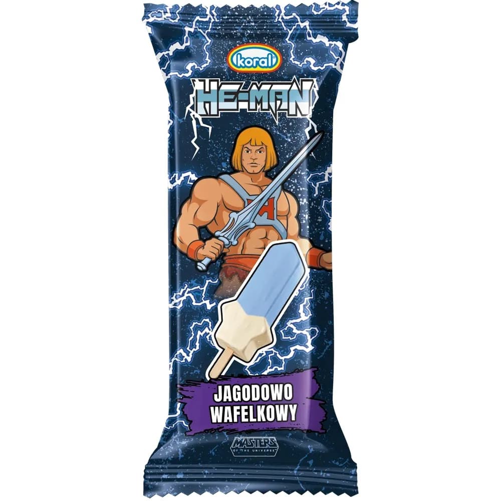 KORAL Lody o smaku jagodowo-wafelkowym He-man na patyku 80 ml