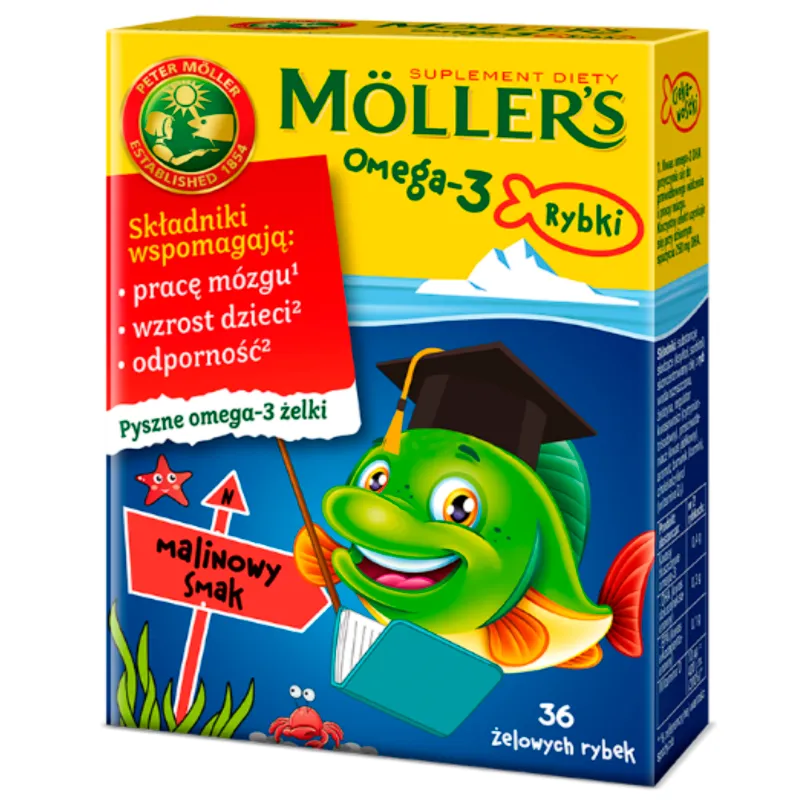 MOLLER'S Żelki z omega-3 o smaku malinowym 36 szt.