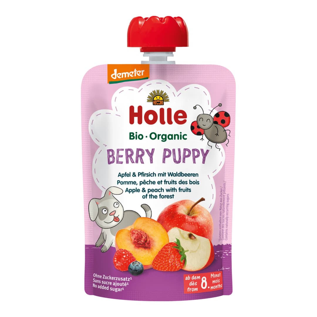 HOLLE Mus z jabłkiem, brzoskwinia i owocami leśnymi Berry Puppy bez cukru BIO 100 g