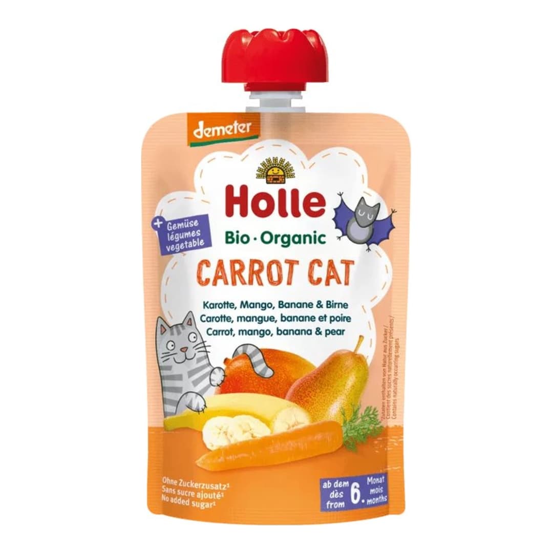 HOLLE Mus z marchewką, jabłkiem, bananem i gruszką Carrot Cat bez cukru BIO 100 g