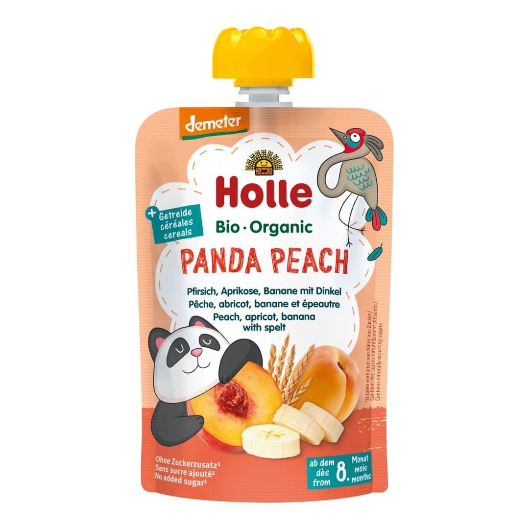 HOLLE Mus z brzoskwinią, bananem, morelą i orkiszem Panda Peach bez cukru BIO 100 g