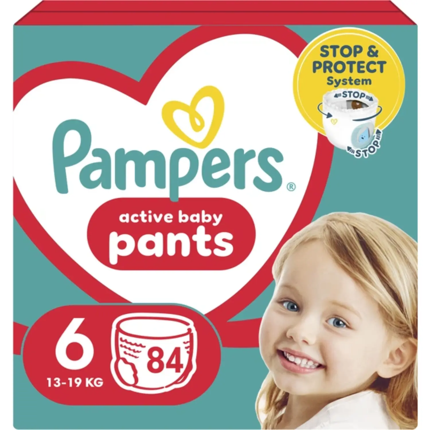 PAMPERS ACTIVE BABY Pieluchomajtki Rozmiar 6, 13kg-19kg 84 szt.