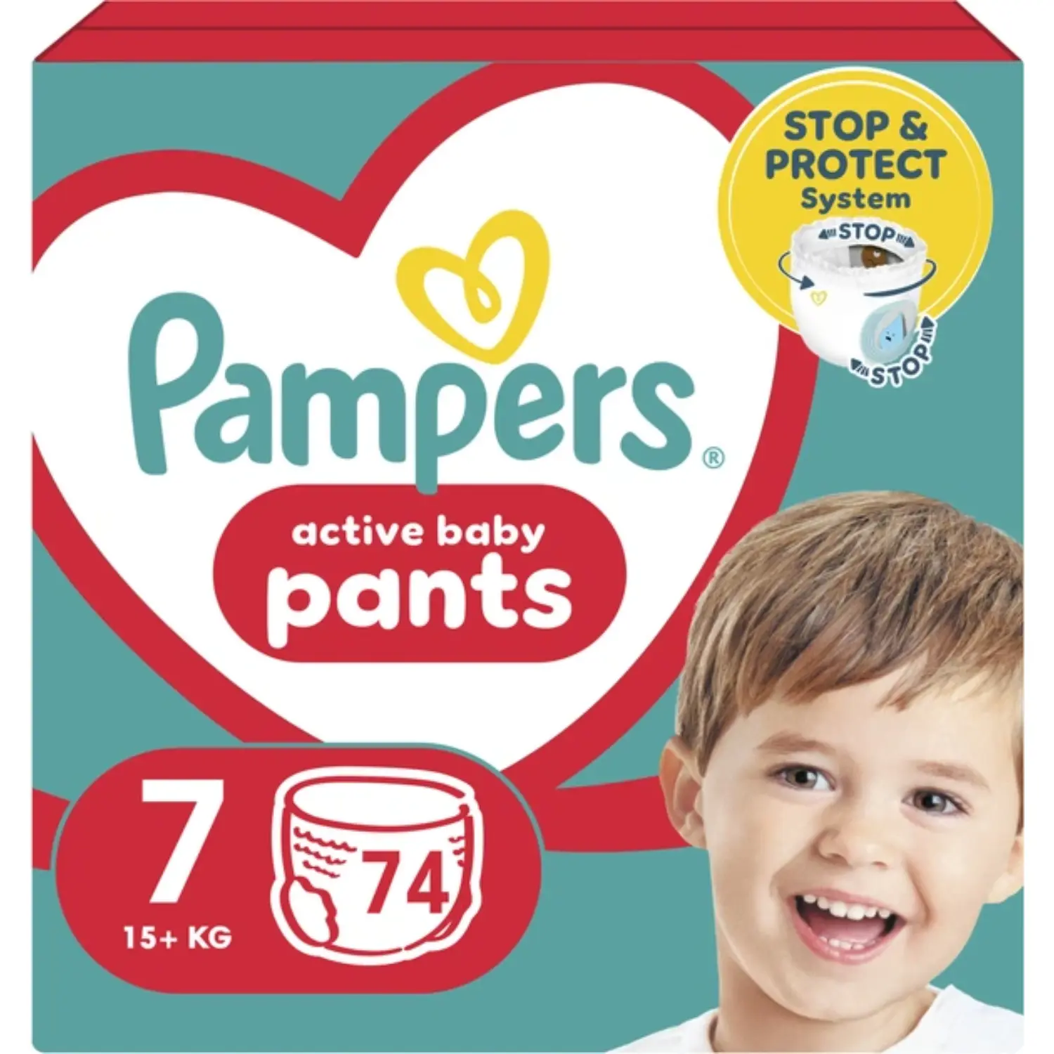 PAMPERS ACTIVE BABY Pieluchomajtki Rozmiar 7, 15kg+ 74 szt.
