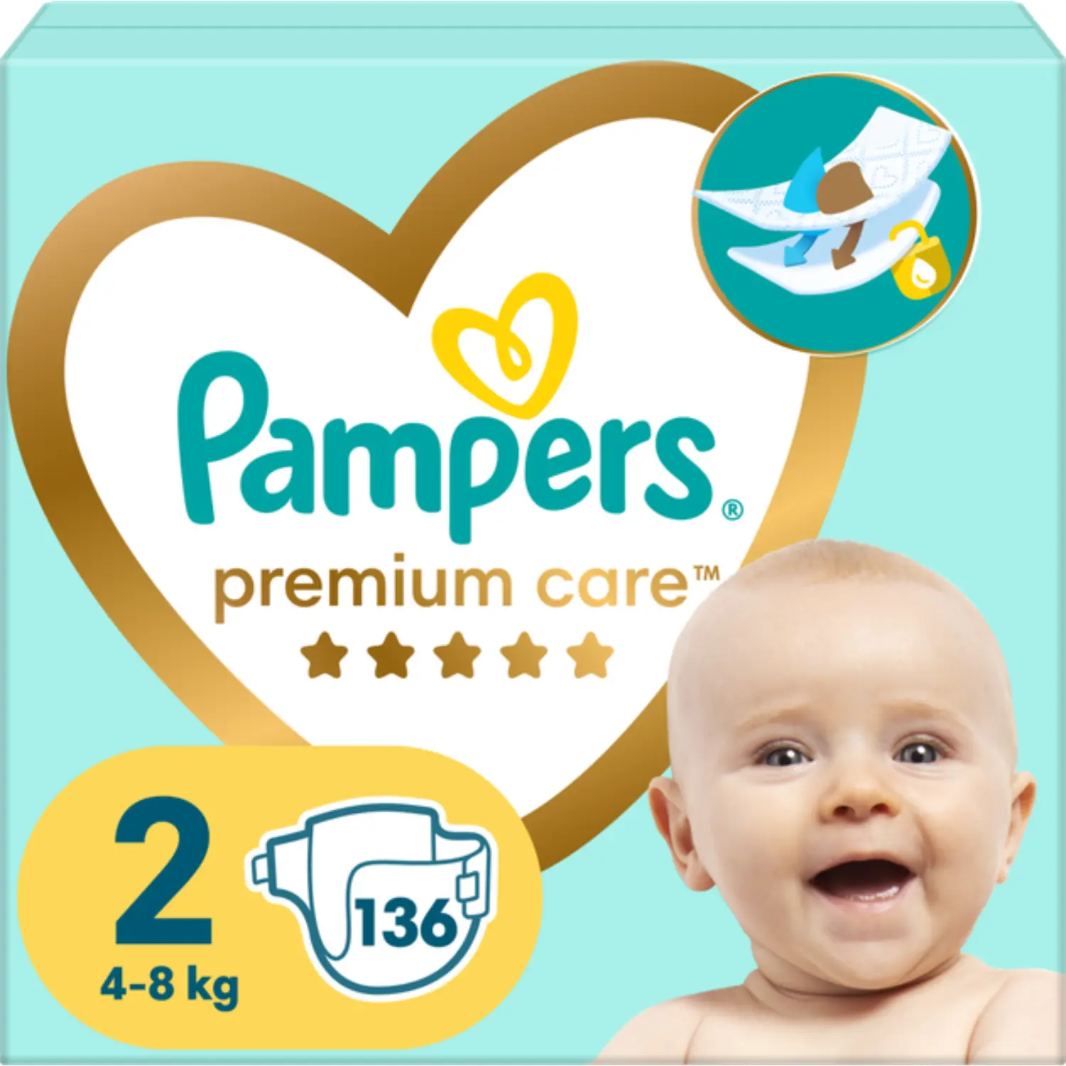 PAMPERS PREMIUM CARE Pieluszki Rozmiar 2, 4kg-8kg 136 szt.