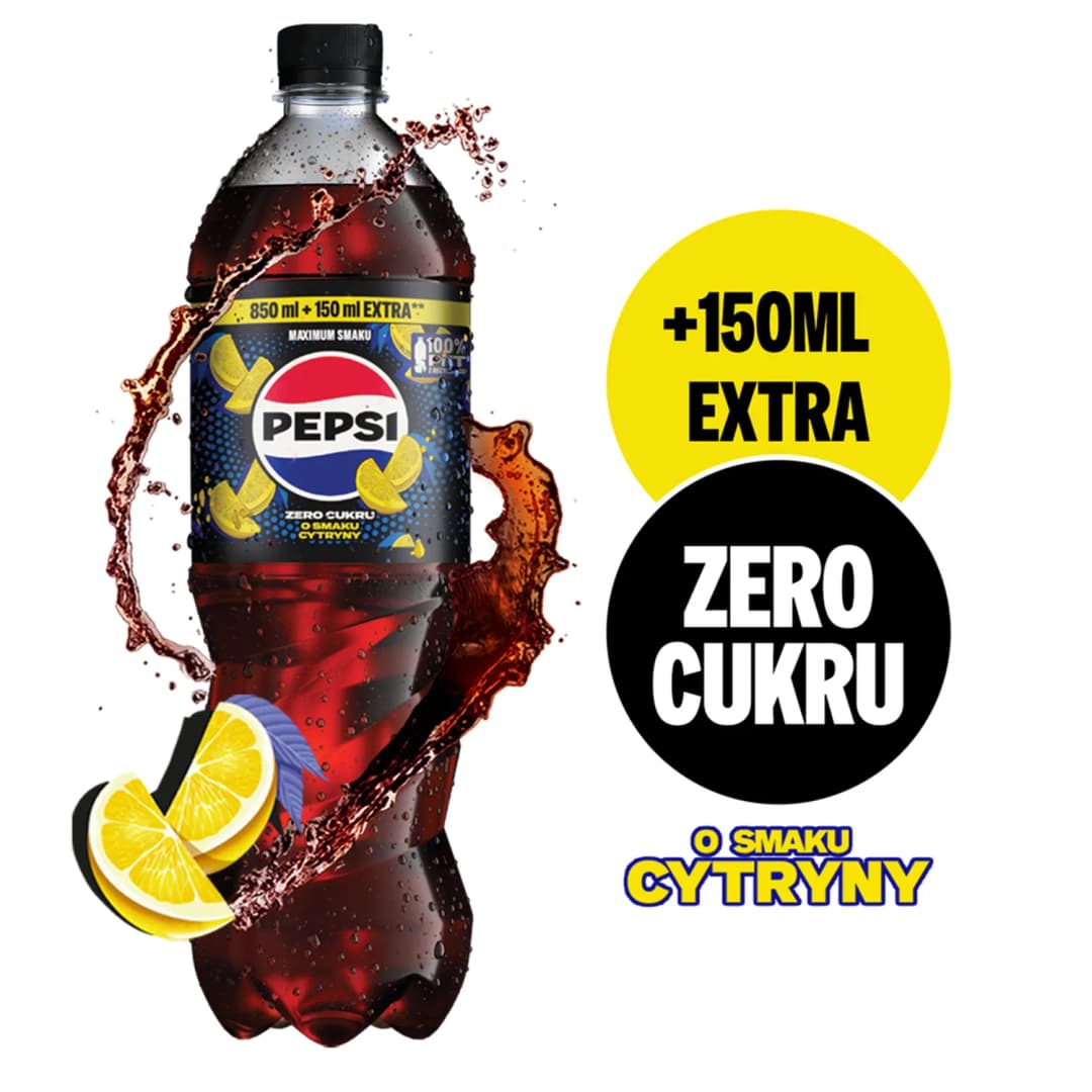 PEPSI COLA ZERO Napój gazowany o smaku cytryny bez cukru 850 ml + 150 ml gratis 1000 ml