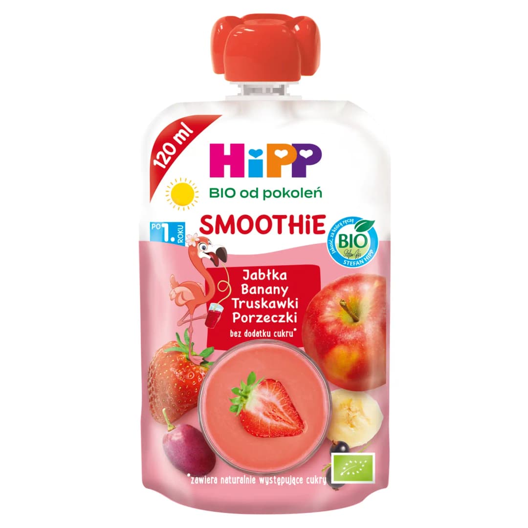 HIPP SMOOTHIE Mus bez cukru jabłka banany truskawki porzeczki BIO 120 ml
