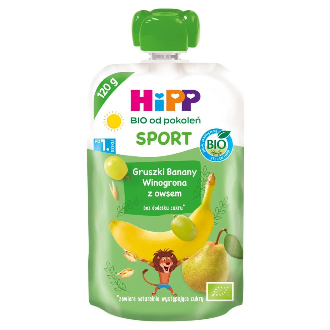 HIPP SPORT Mus bez cukru gruszki banany winogrona z owsem BIO 120 g