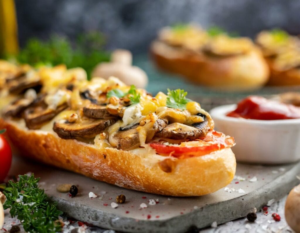zapiekanka z szynką i pieczarkami